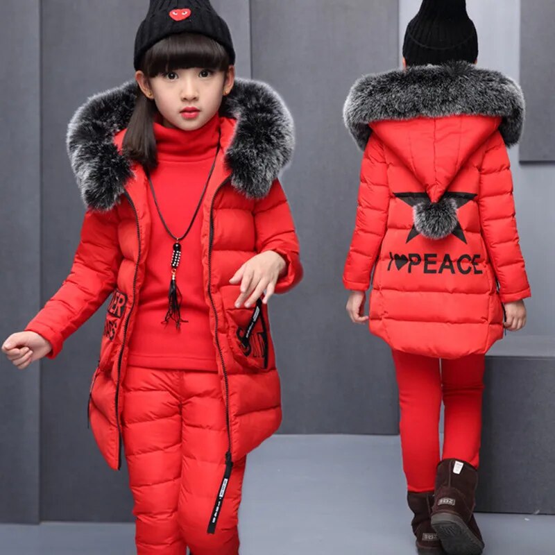 Girls 3Pc Warm Fur Hooded Puffer Vest Coat, Puffer Sleeves Shirt and Puffer Pants Set