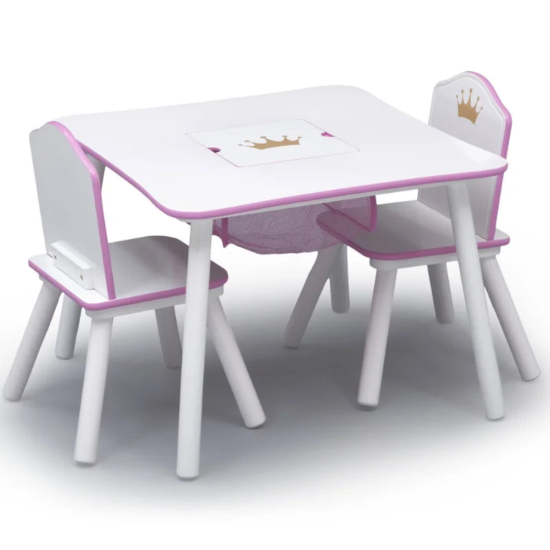 Girls Princess Crown Kids Table and Chair Set with Storage, Greenguard Gold Certified, White/Pink