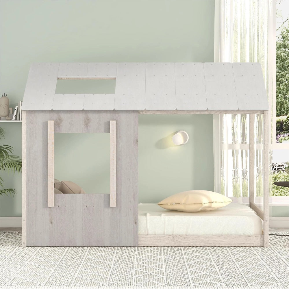 Kids Twin Size Classic Wood House Platform Bed with Roof and Window