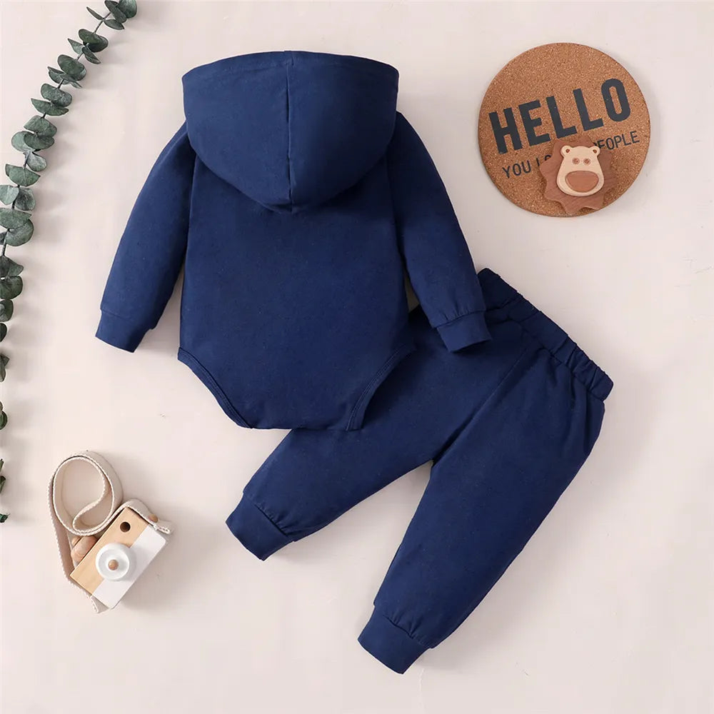 Babies "Little Boss" 2Pc Long Sleeve Hooded Onesie and Pant Set