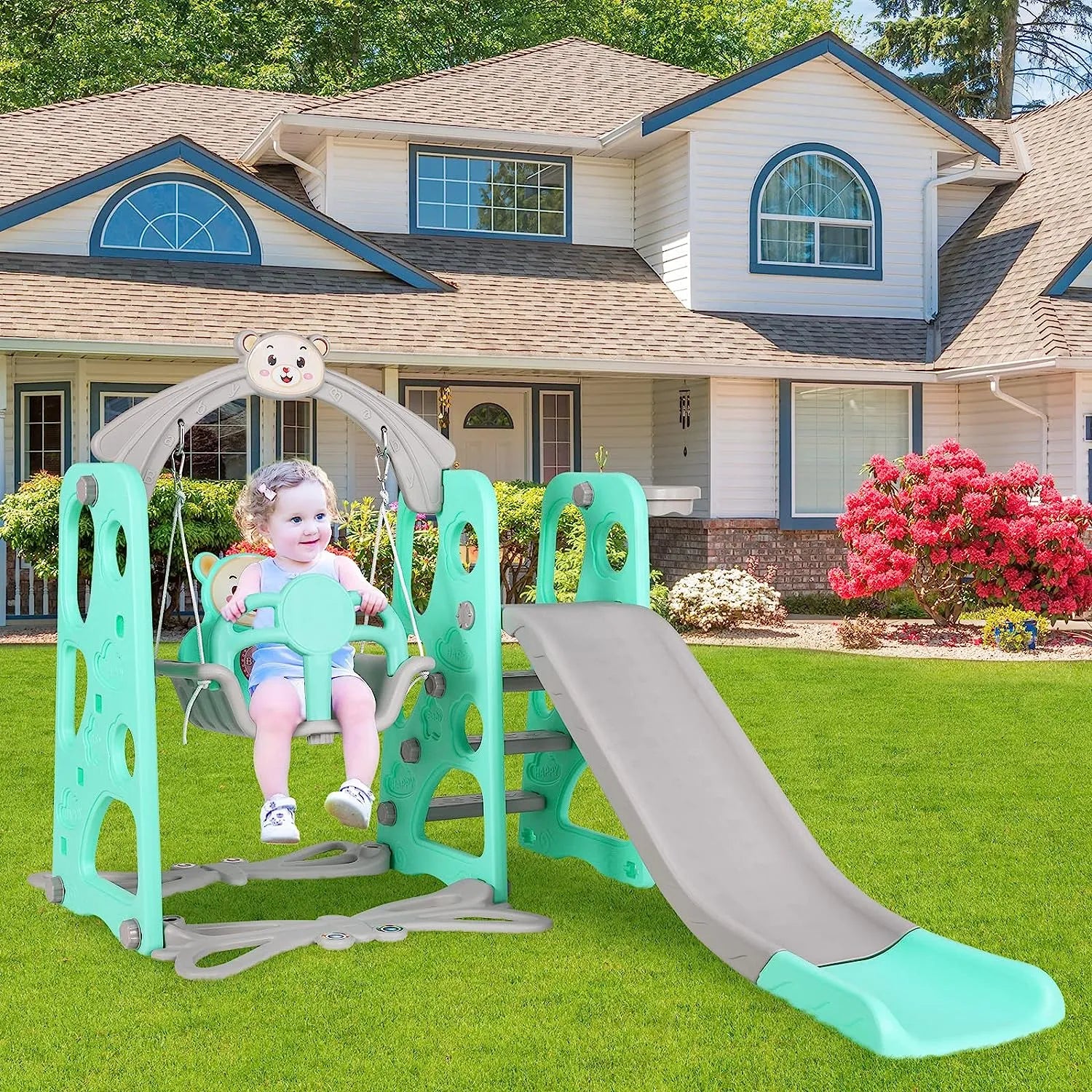 4 In 1 Toddler Slide Swing Set with Basketball Hoop