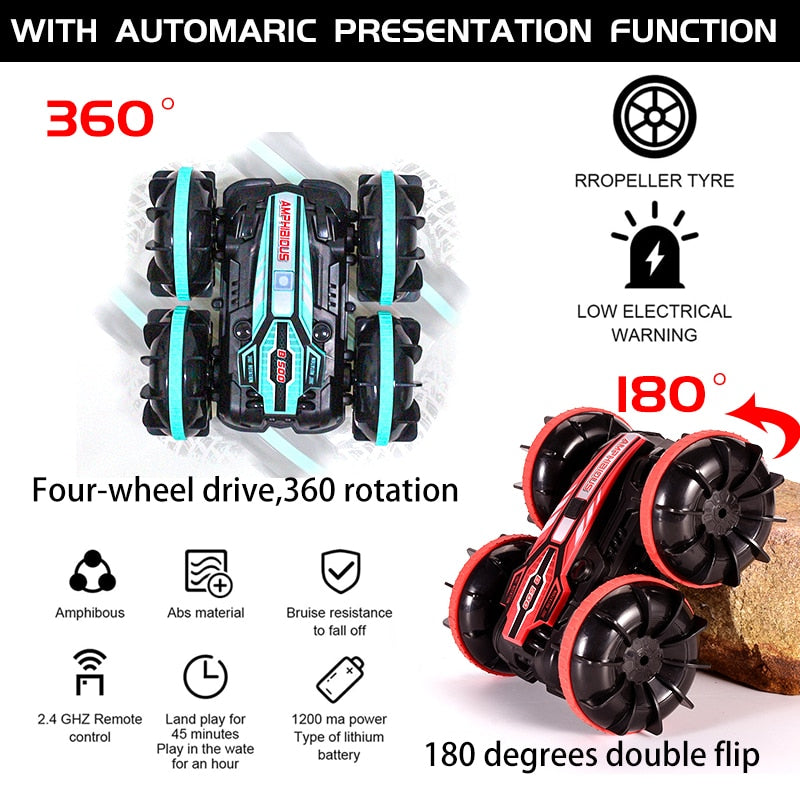 Boys Double-sided Flip Remote Control Amphibious Stunt Car