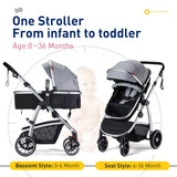 Stylish 2 in 1 Foldable Convertible Baby Stroller, High Landscape w/Reversible Seat, Removable Footmuff, Adjustable Backrest & Canopy, For Ages 0-36 Months.
