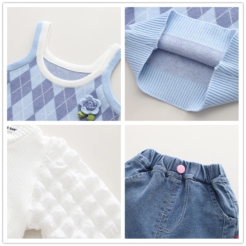 Baby Girls Chic 3Pc Knitted Tank-Top Vest ,Puff Sleeve Shirt and Jeans Set.
