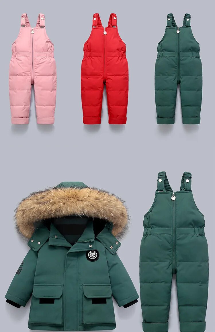 Kids Warm and Stylish Down Winter Snowsuits With Fur Hood.