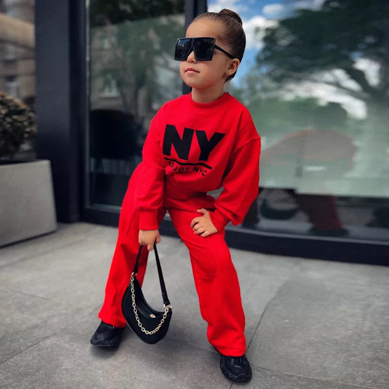 Baby Girls NY Fashion Style Long Sleeve Sweatshirt and Flared Pants Combo. (Ages 18M~8Yrs.)