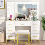 Teen Girls Large Makeup Vanity with 14PCS LED Bulbs, Cushioned Stool & 7 Drawers