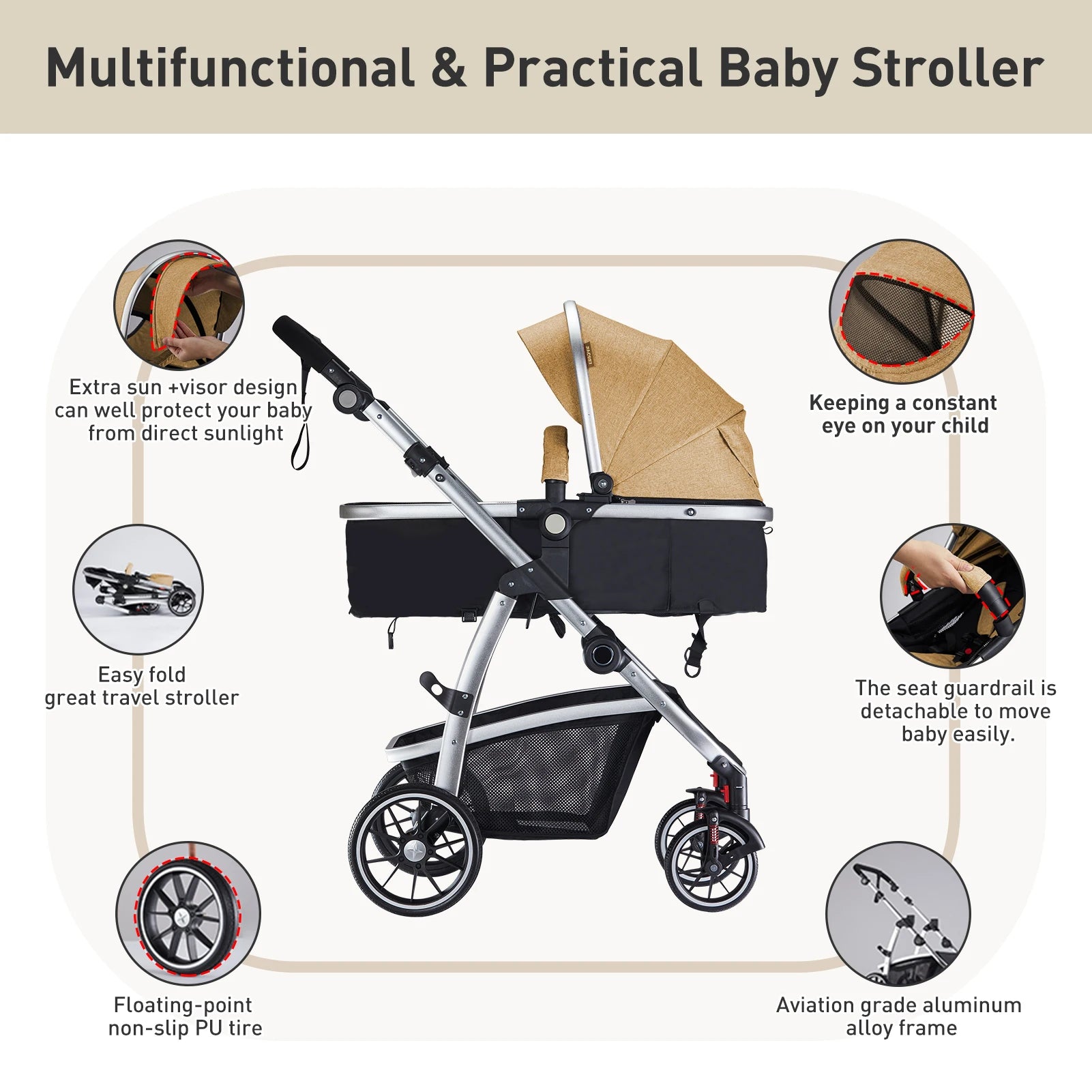 Stylish 2 in 1 Foldable Convertible Baby Stroller, High Landscape w/Reversible Seat, Removable Footmuff, Adjustable Backrest & Canopy, For Ages 0-36 Months.