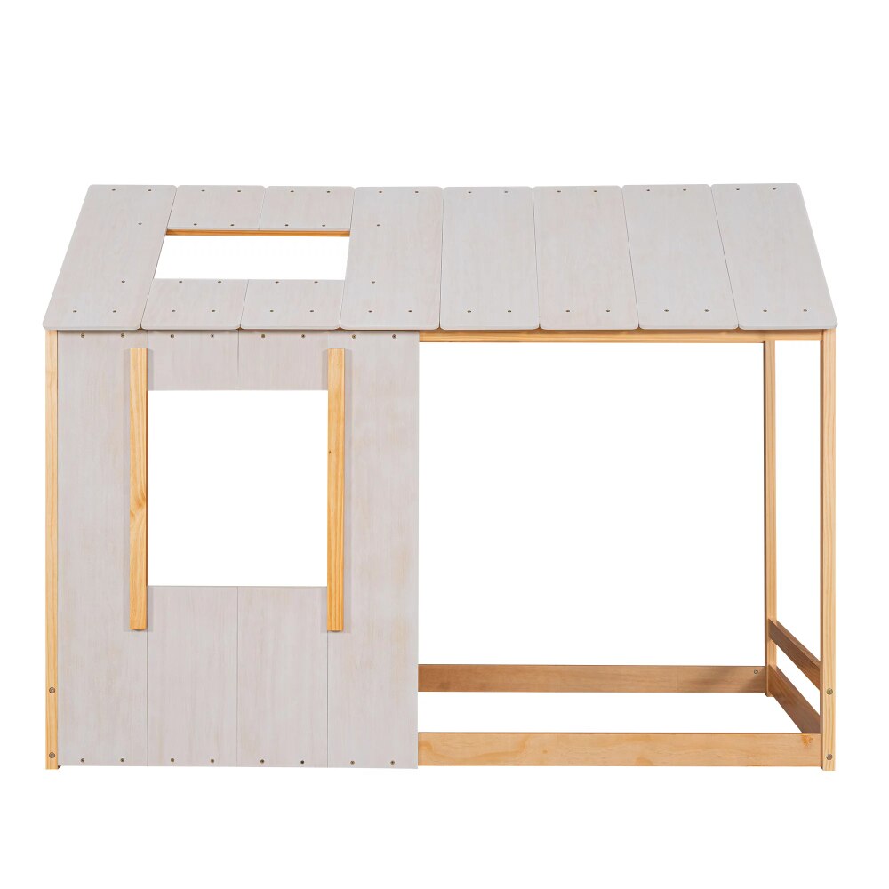 Kids Twin Size Classic Wood House Platform Bed with Roof and Window