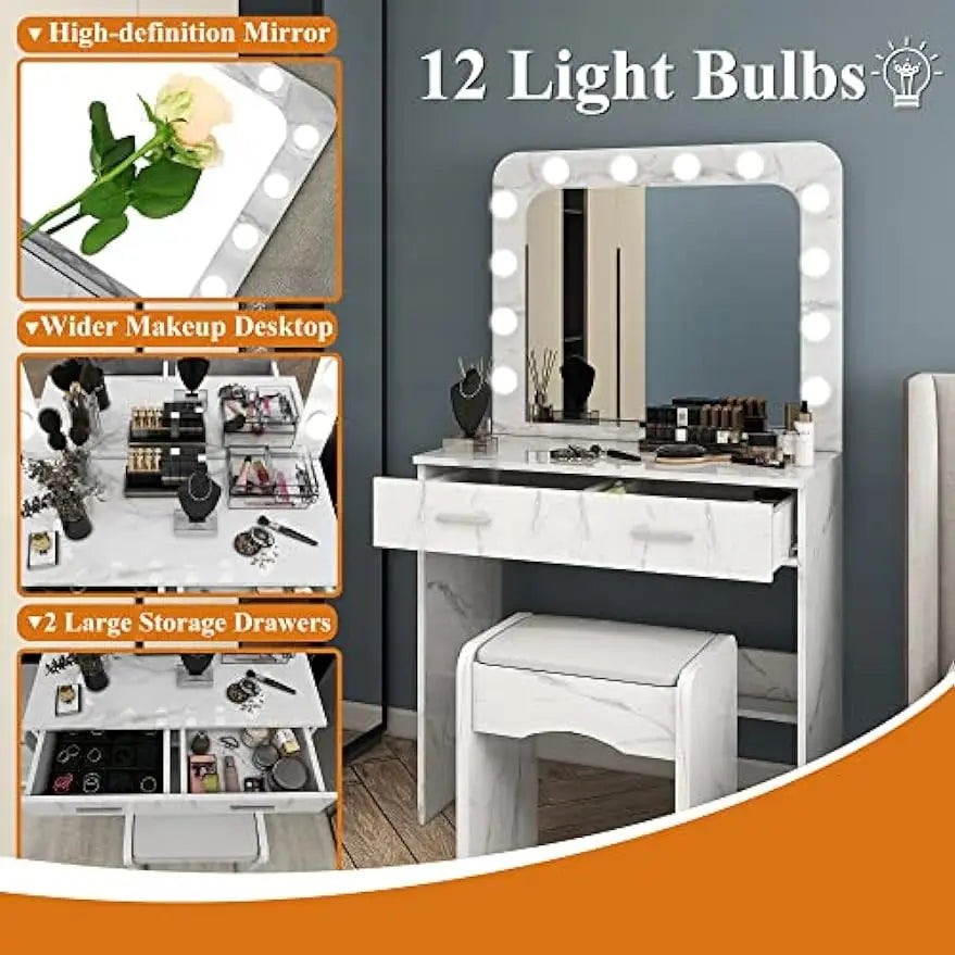 Elegant Makeup Vanity Set with Mirror, Lights & Stool. (Marble Finish)