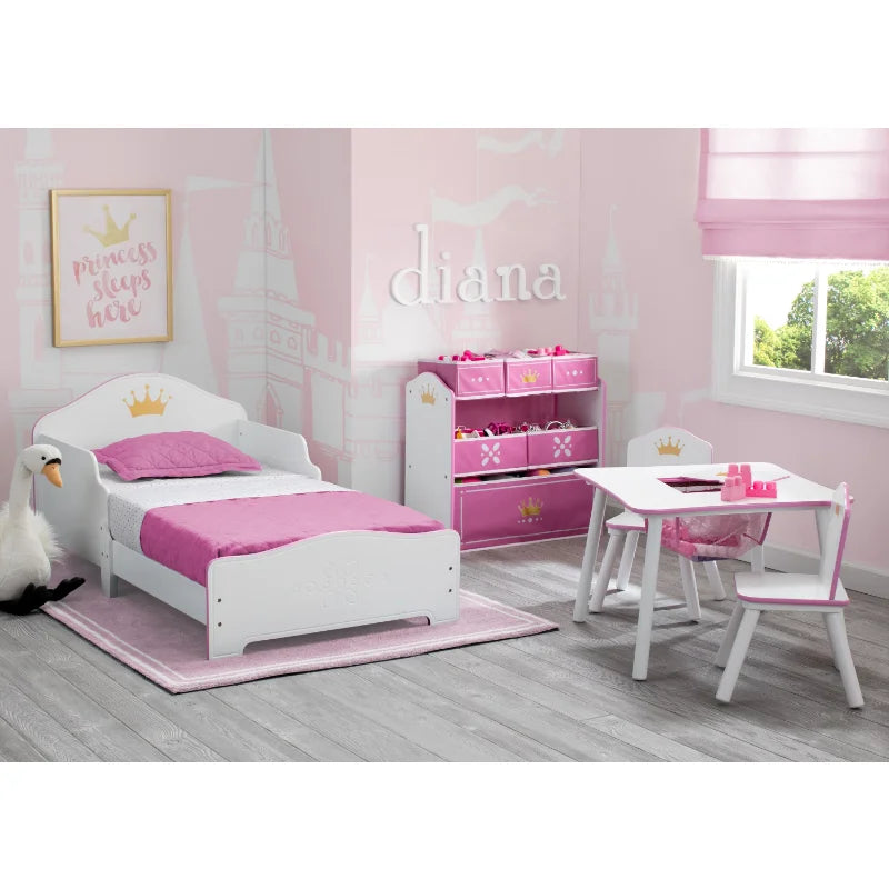 Girls Princess Crown Kids Table and Chair Set with Storage, Greenguard Gold Certified, White/Pink