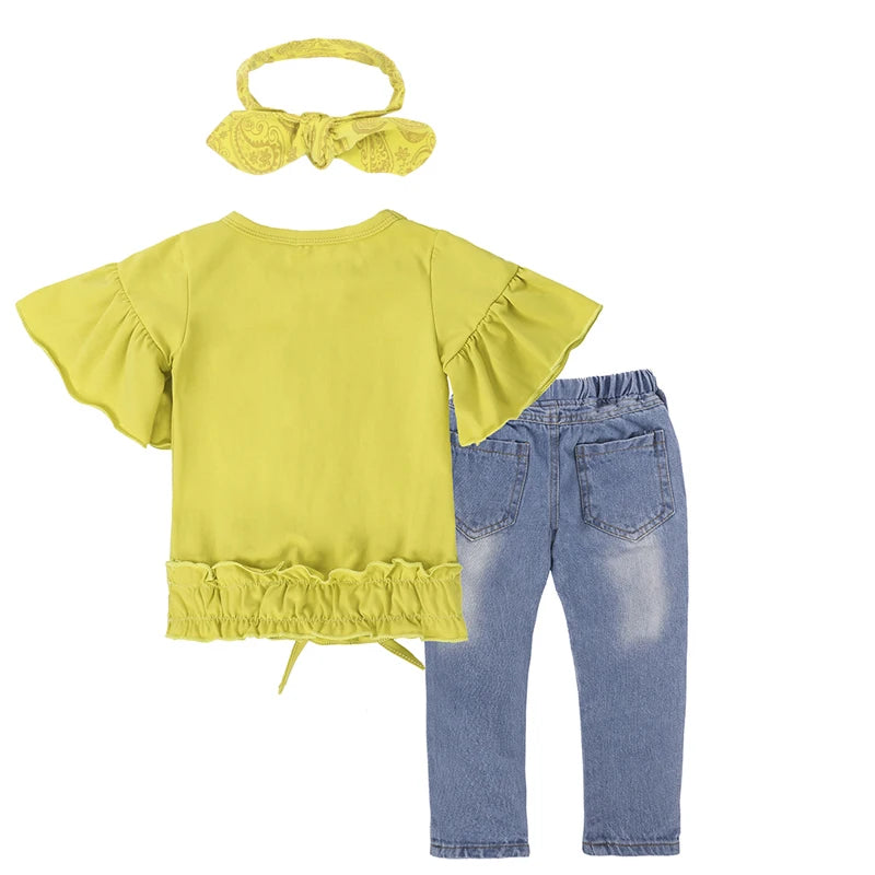 Baby Girls 3Pc Short Sleeve Fashion Top, Trendy Ripped Jeans and Head Scarf Set