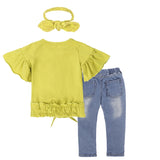 Baby Girls 3Pc Short Sleeve Fashion Top, Trendy Ripped Jeans and Head Scarf Set