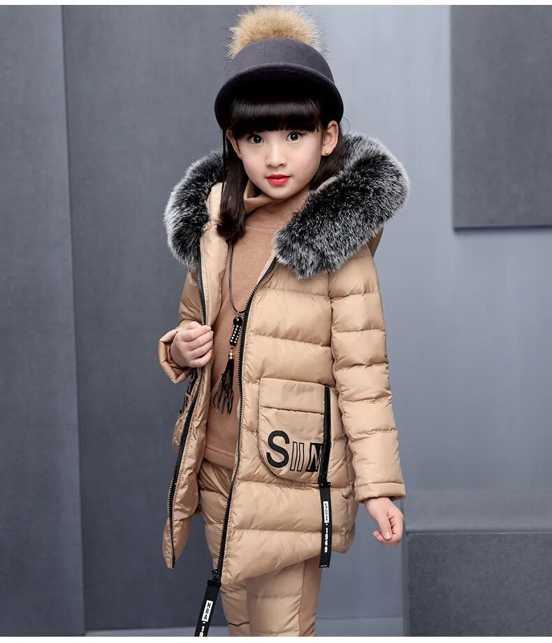 Girls 3Pc Warm Fur Hooded Puffer Vest Coat, Puffer Sleeves Shirt and Puffer Pants Set