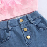 Fashion Girls 2Pc Pink Sleeveless Feather Camisole & Crimping Denim Jeans Set.