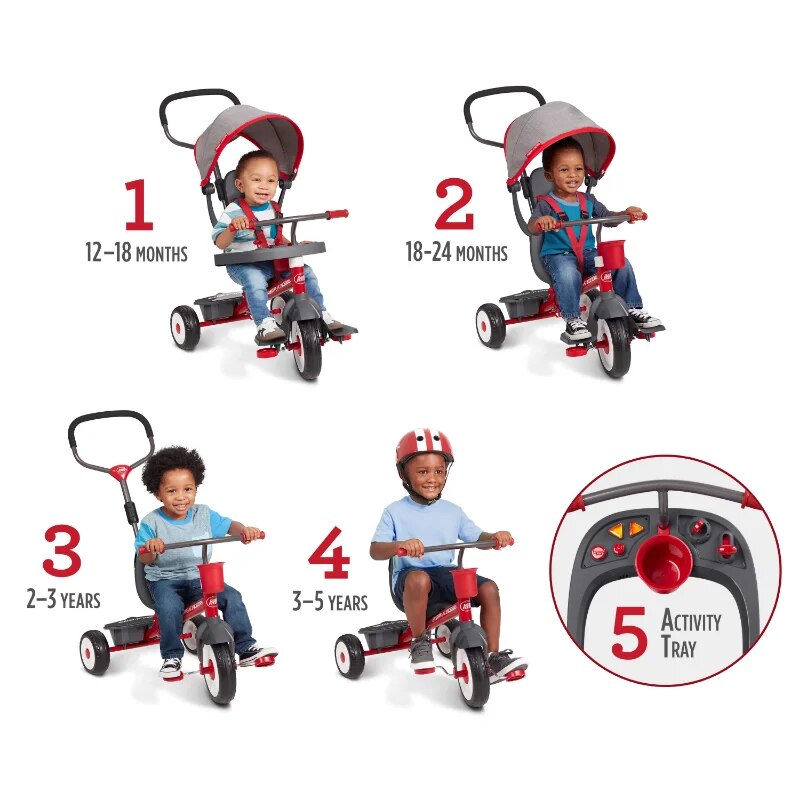 Radio Flyer 4-in-1 Stroll 'N Trike Convertible Tricycle with Activity Tray & Storage Bin. Gray/Pink or Red/Gray