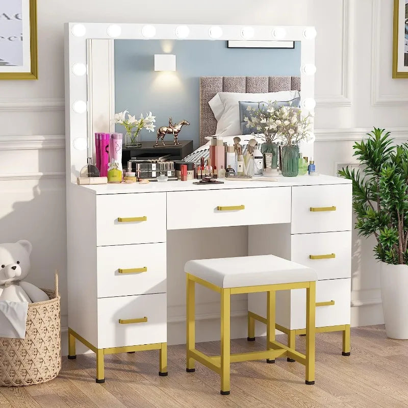 Teen Girls Large Makeup Vanity with 14PCS LED Bulbs, Cushioned Stool & 7 Drawers