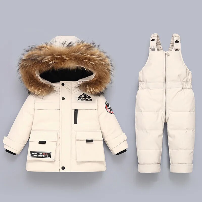Boys & Girls Stylish 2Pc Warm Winter Snowsuit Sets, with Removable Parka Fur.