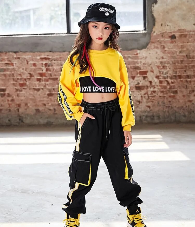 Girls Urban Hip Hop Style 3Pc Long Sleeve Cropped Shirt, Crop Top and Street Dance Cargo Pants Combo. (Each Item Also Available Separately)