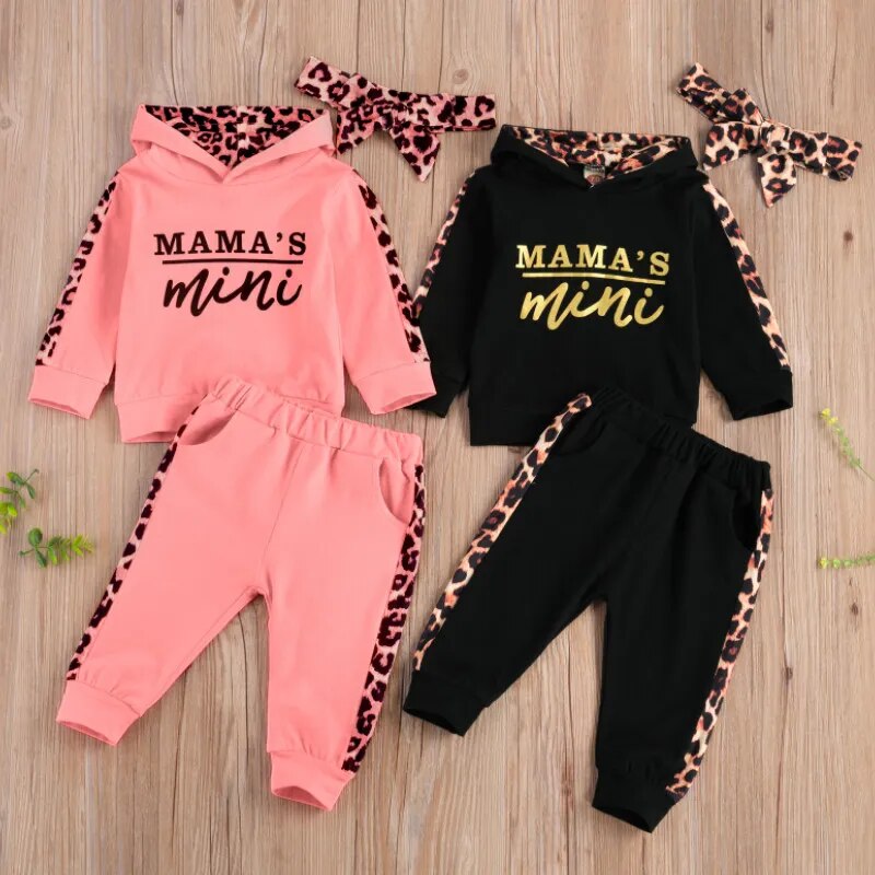 Baby Girls Chic 3Pc Leopard Print Hooded Sweatshirt, Headband and Pants Set.