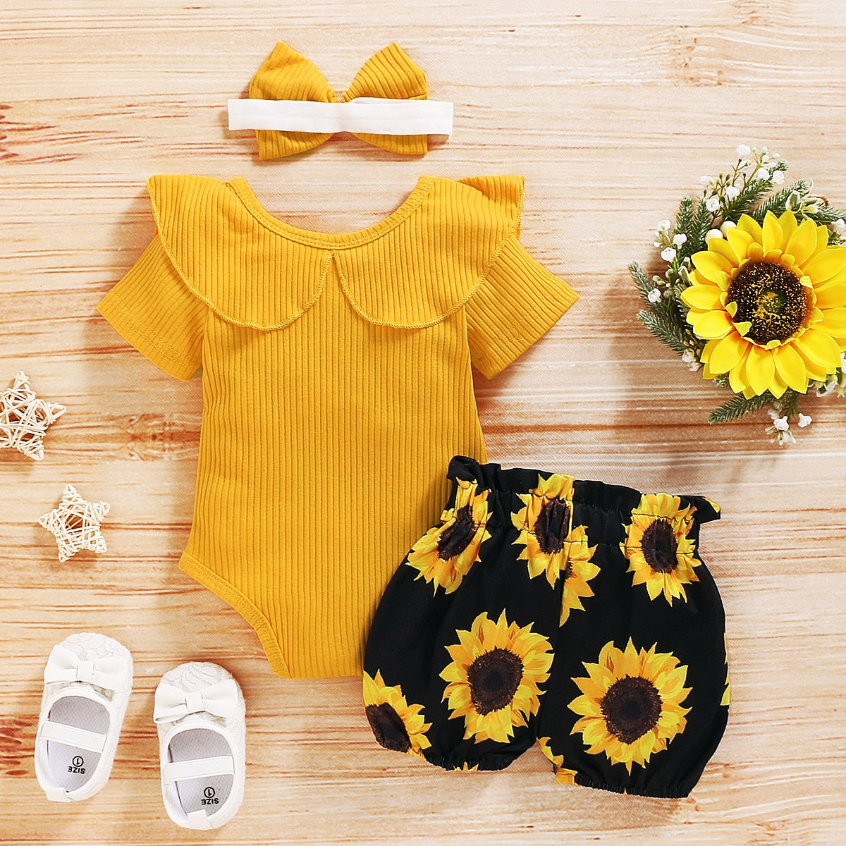 3Pc Baby Girl Short Sleeve Yellow Solid Romper With Sunflower Printed Shorts Set