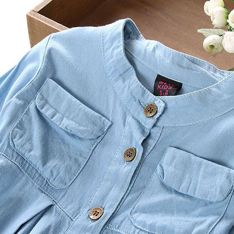 Girls Long Sleeve Mandarin Collar Denim Blouse