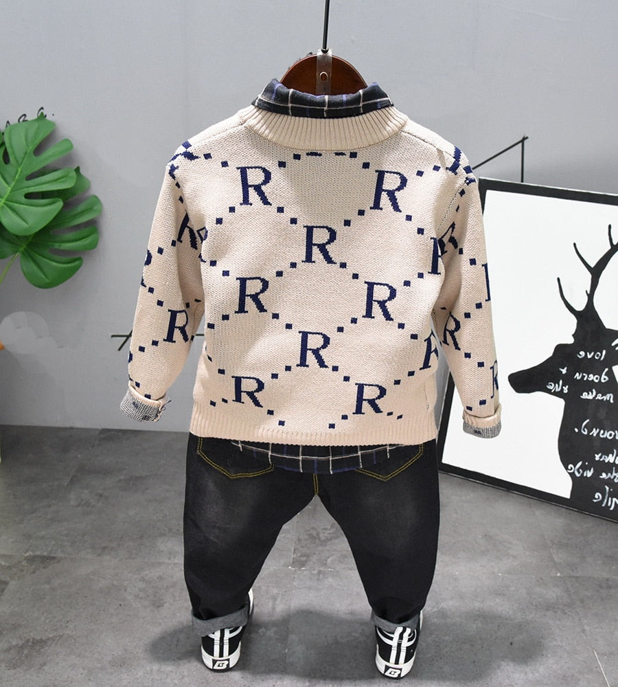 Boys 3pcs Fashion Set. Long Sleeve Knit Sweater, Shirt & Jeans. Ages 2-6Y