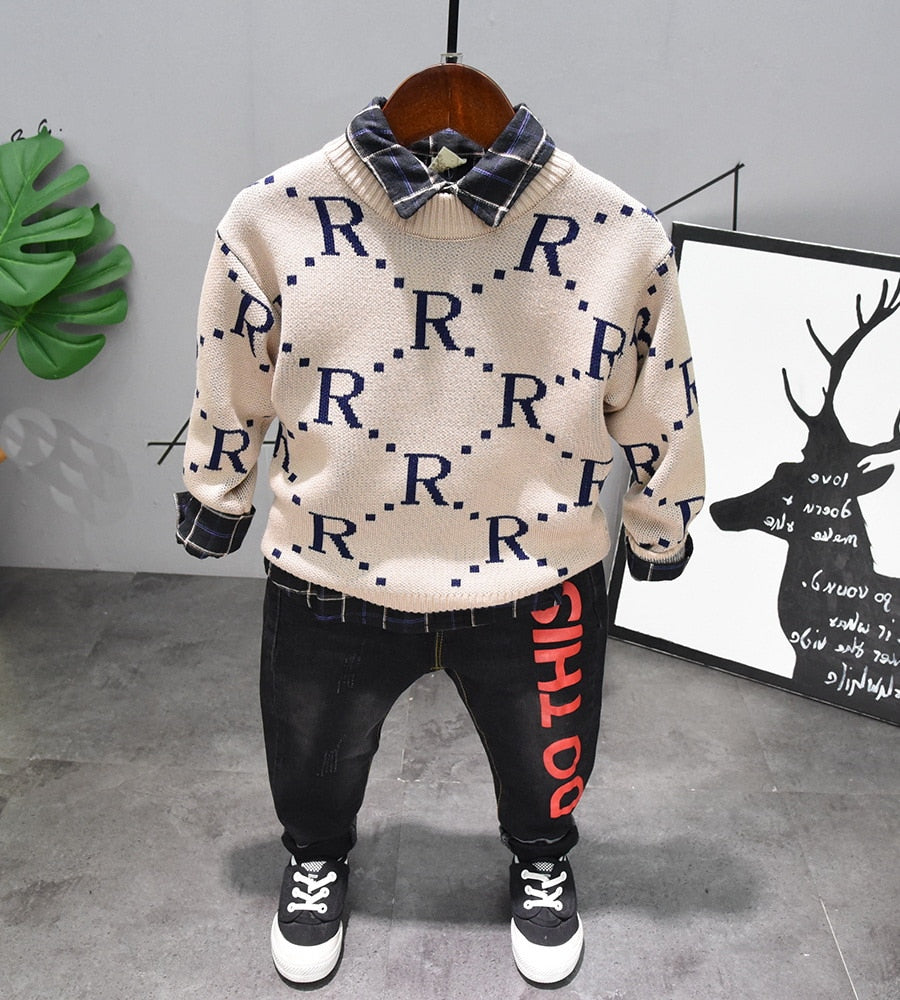 Boys 3pcs Fashion Set. Long Sleeve Knit Sweater, Shirt & Jeans. Ages 2-6Y