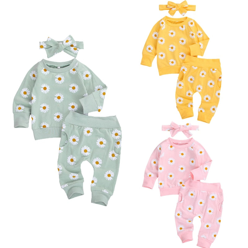Baby Girl Daisy Print Top, Headband & pants Set. 0-24M