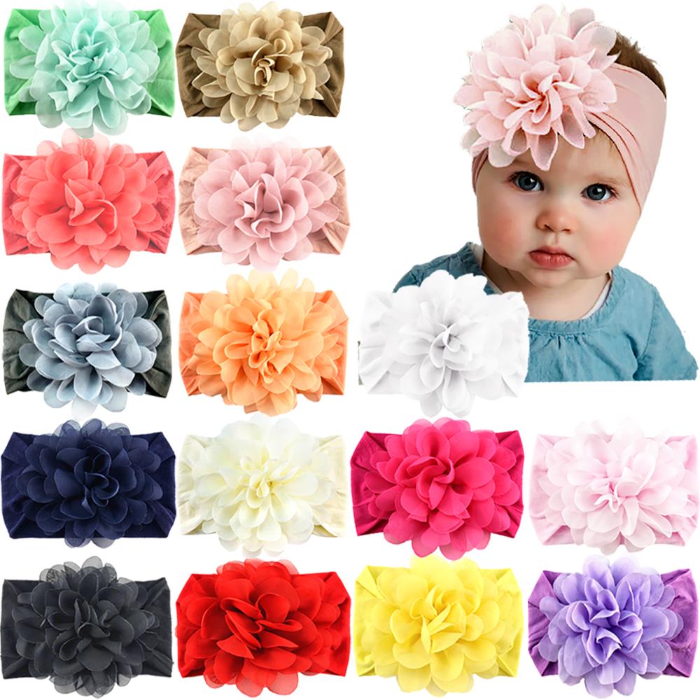 New Born Baby Girl Nylon Headband Wraps With Chiffon Flower (Packs of 13 & 15)