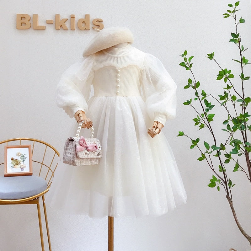 Elegant Girls Tulle Dress With Lantern Sleeve. Ages 4-8Yrs
