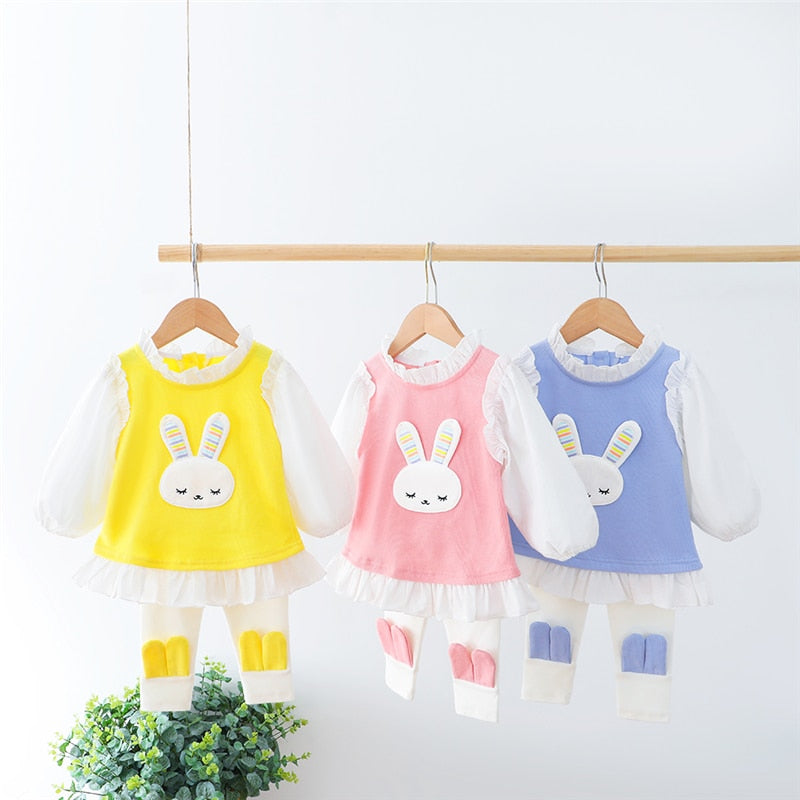 Baby Girls Playful 2Pc "Sleepy Bunny", Ruffle Trim Tunic Dress and Tights Combo.