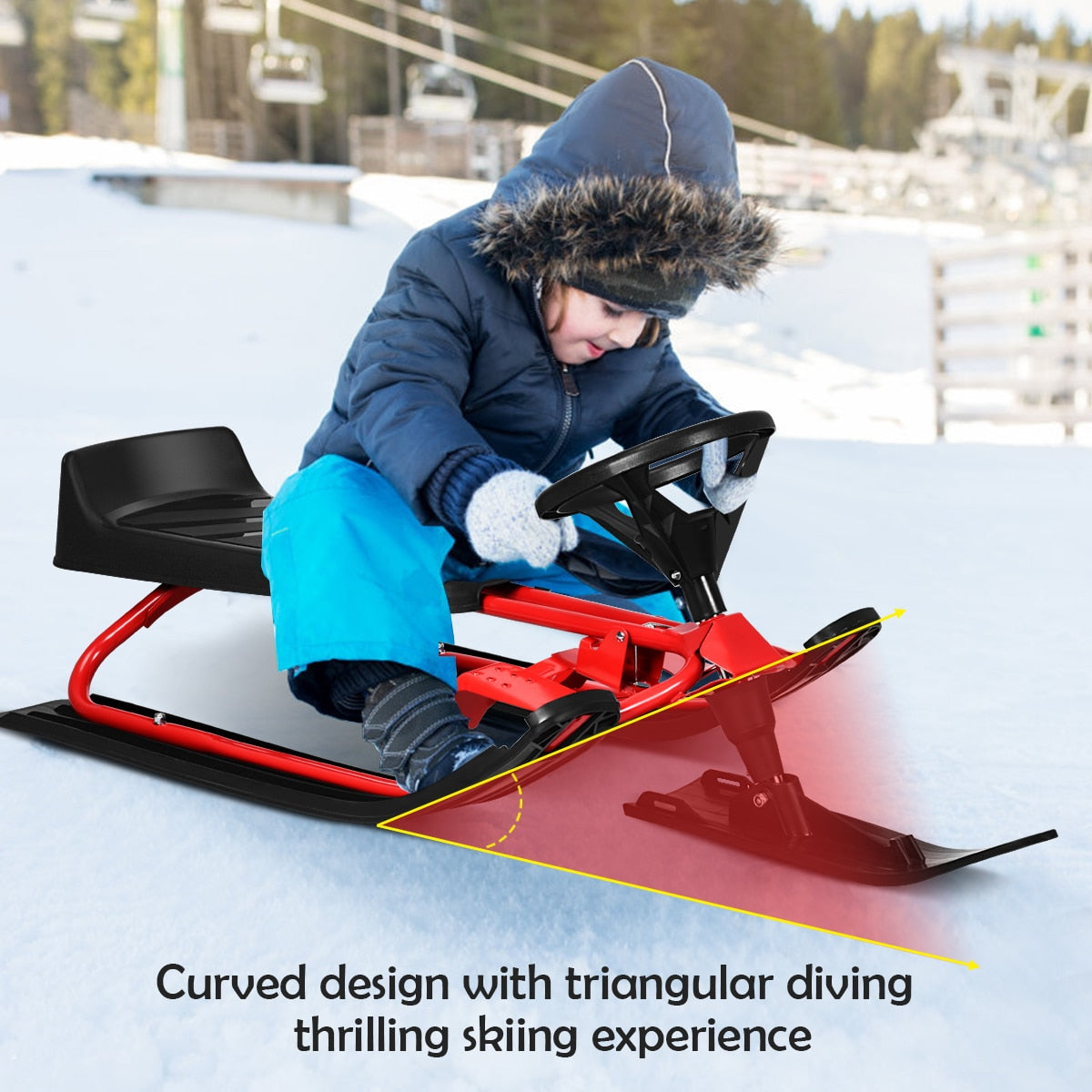 Snow Racer Bike Sled with Steering Wheel, Twin Brakes & Pull Rope. Ages 3+
