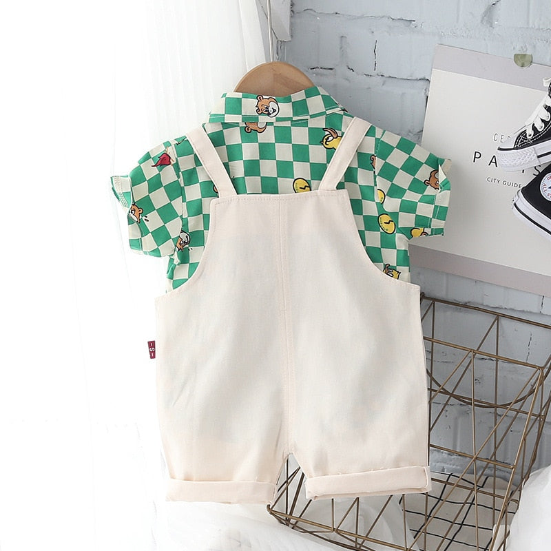 Baby Boy Cute 2pc Plaid Shirt & Short Overalls Set. Ages 9M-5T