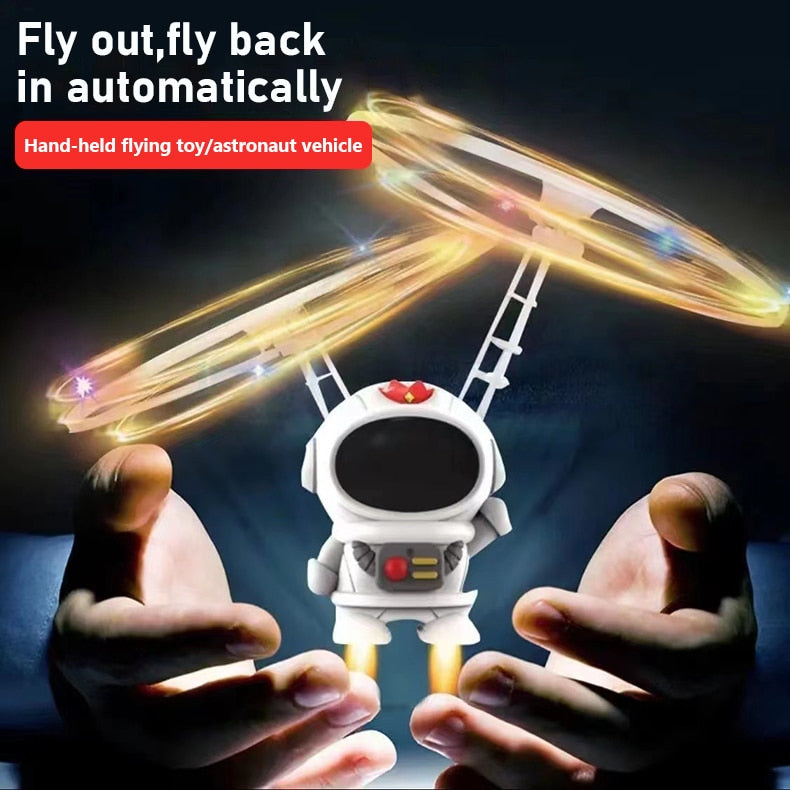 Flying Robot Astronaut. High-Tech Interactive Hand-Controlled Drone With Dual Wings with Lights