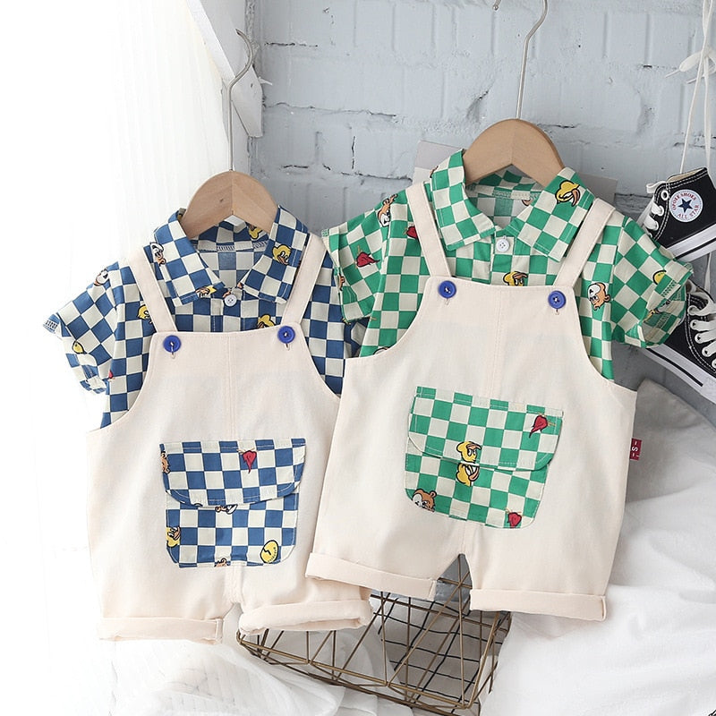 Baby Boy Cute 2pc Plaid Shirt & Short Overalls Set. Ages 9M-5T