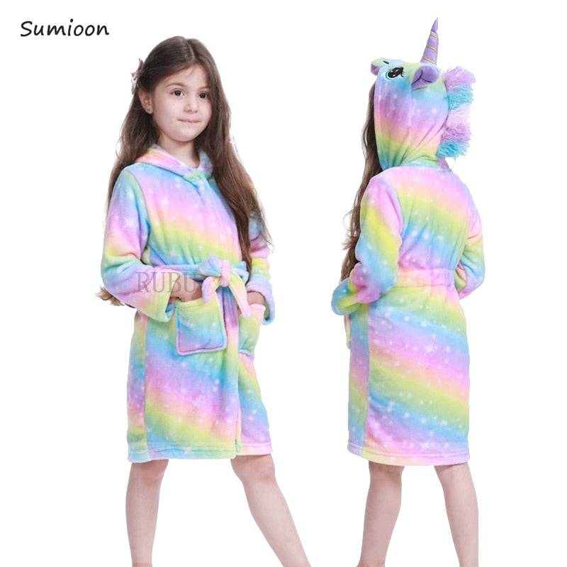 Girls Fleece Unicorn Hooded Bathrobes