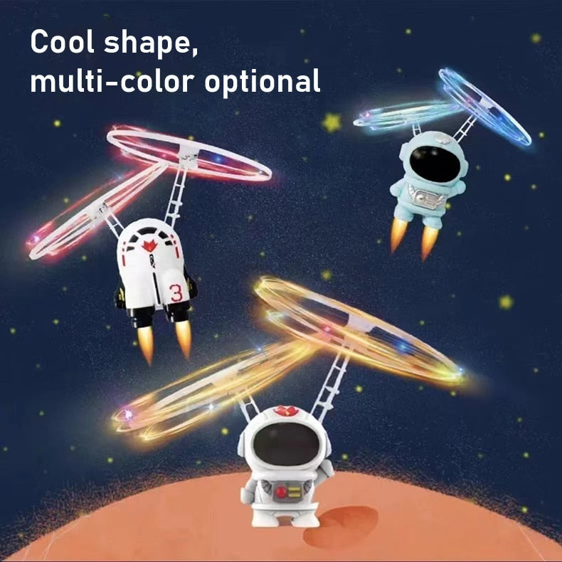 Flying Robot Astronaut. High-Tech Interactive Hand-Controlled Drone With Dual Wings with Lights