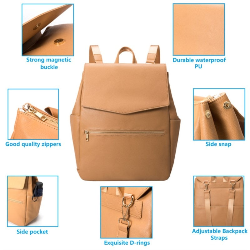 New Fashion Pu Leather Mommy Bag Large Capacity Solid Color Shoulder Mother And Baby Organizer Stroller Travel Nursing Backpack