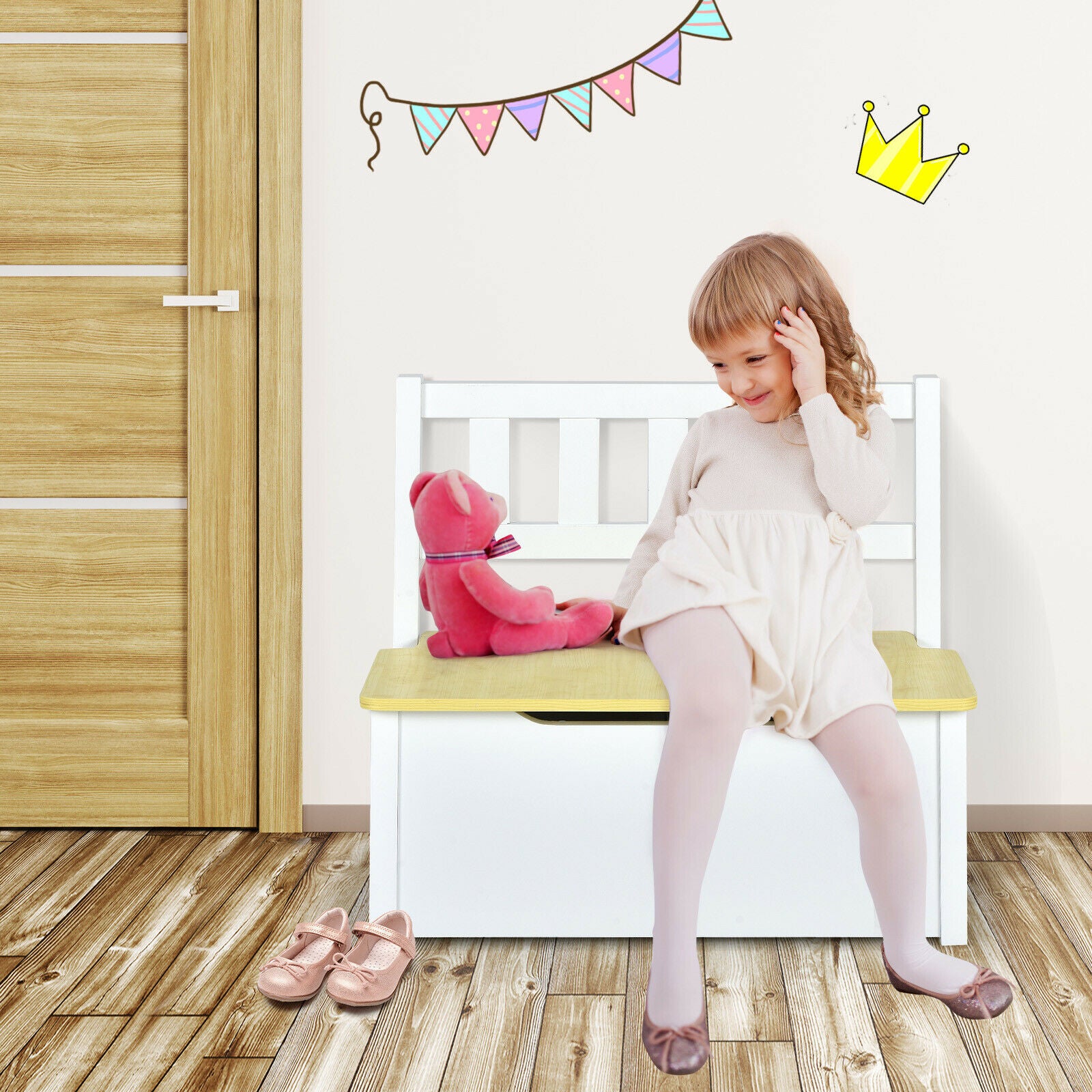 4 PCS Kids Wooden Activity Table & Chairs Set w/Storage Bench Study Desk