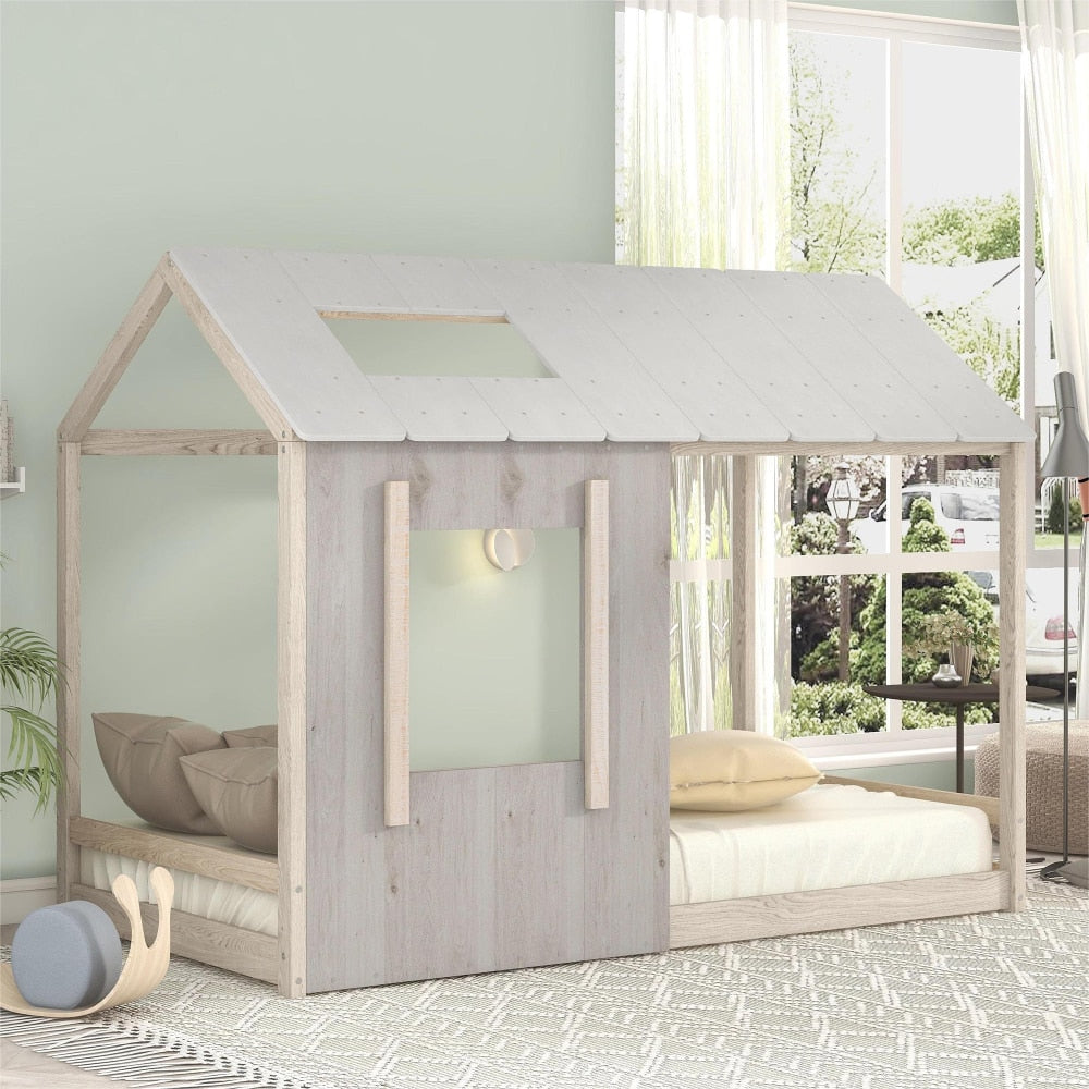 Kids Twin Size Classic Wood House Platform Bed with Roof and Window