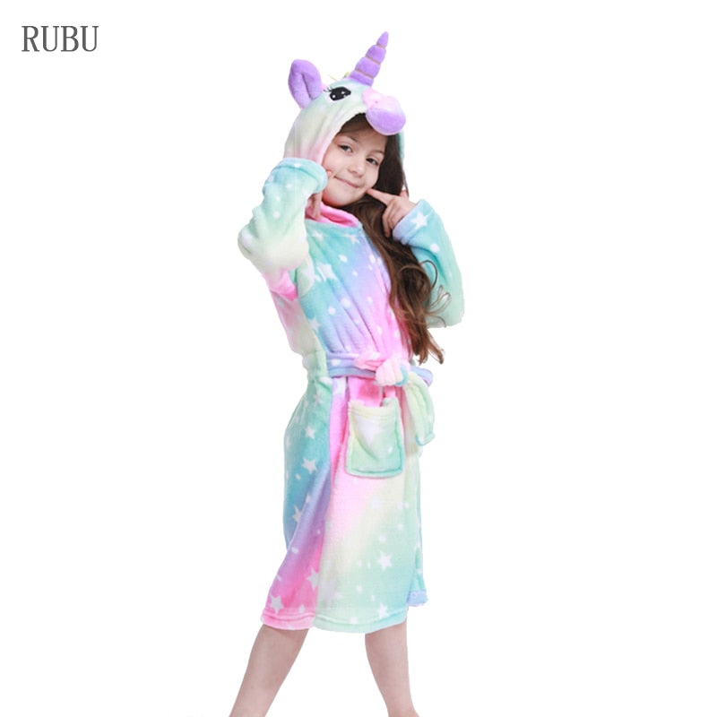 Girls Fleece Unicorn Hooded Bathrobes