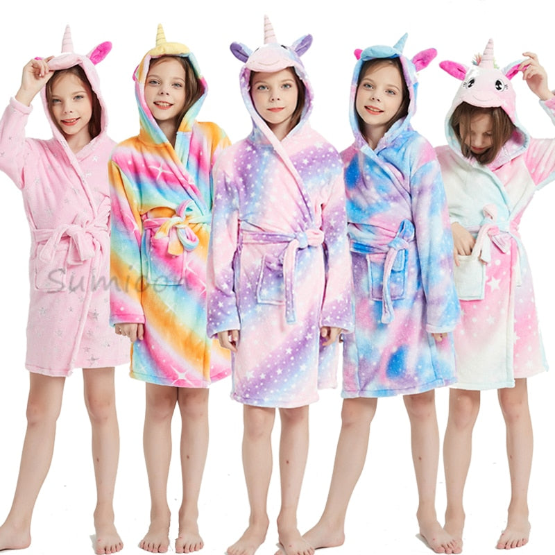 Girls Fleece Unicorn Hooded Bathrobes