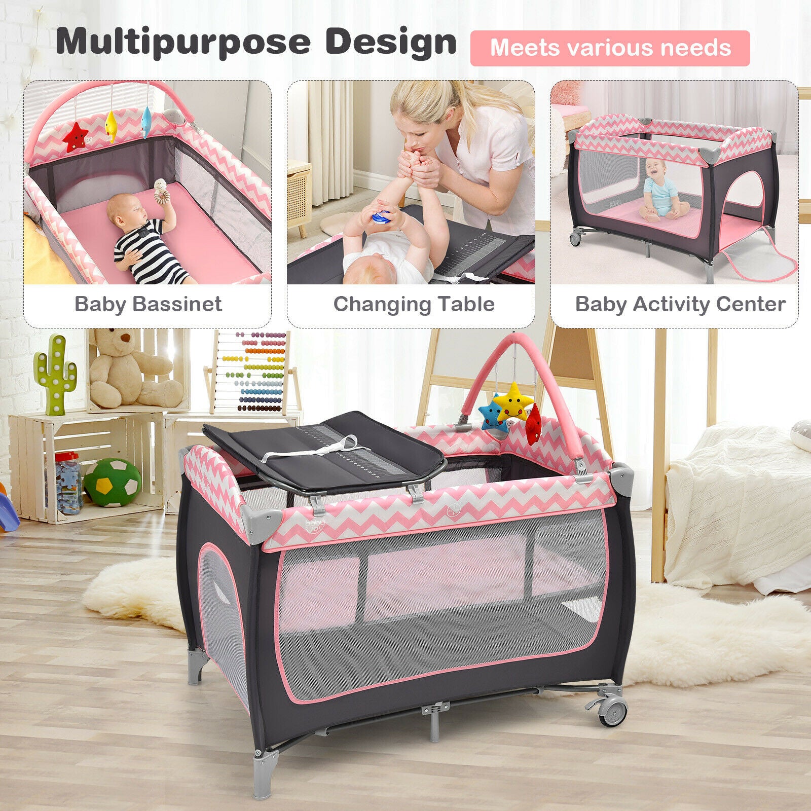 Baby Joy 3 in 1 Baby Portable Playpen & Infant Nursery Center w/ Zippered Door
