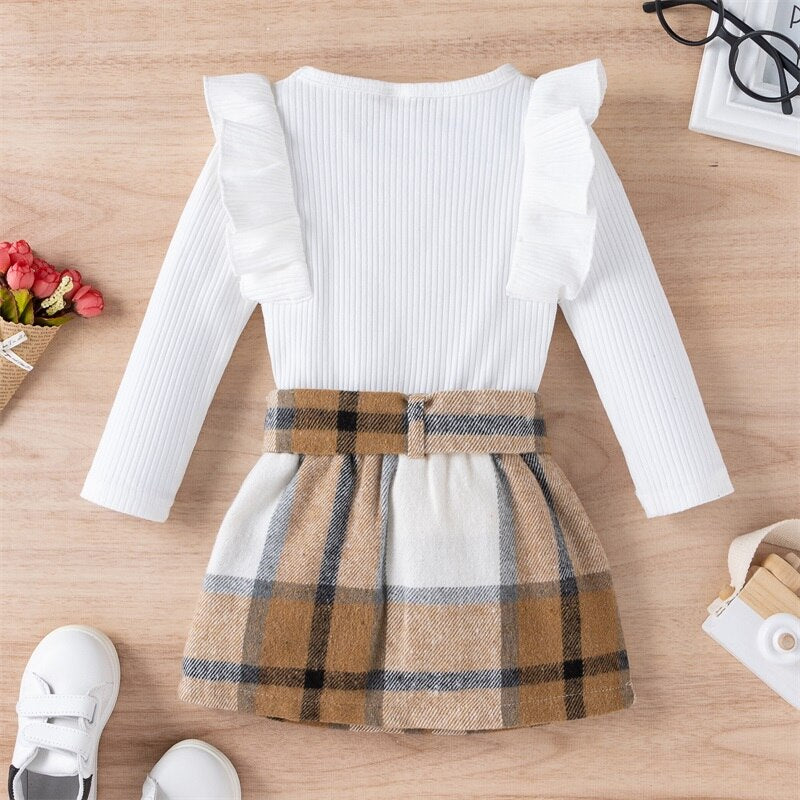 Baby Girl 2Pc, Knitted Ribbed Top and Plaid Skirt Set