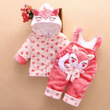 Baby Girls Adorable 2Pc Winter Plush Hooded Sweater Jacket and Soft Overalls Combo.
