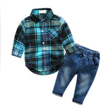 Baby Boys 2Pc Little Gentleman Plaid Onesie Button Down Shirt and Stylish Jeans Set.