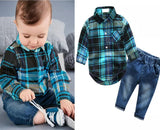 Baby Boys 2Pc Little Gentleman Plaid Onesie Button Down Shirt and Stylish Jeans Set.