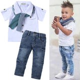 Baby Boys Stylish 2pc Sweater/Shirt With Tie or Scarf & Jeans Set.