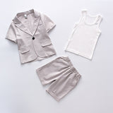 Boys Stylish 3Pc Suit. Short Sleeve Blazer, Tank Top And Shorts Set